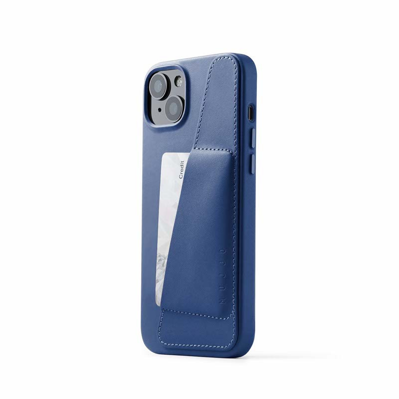 Mujjo funda de piel para cartera con MagSafe iPhone 14 / 15 Plus azul