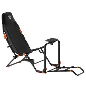Cockpit de simracing plegable Ranqer negro con asiento reclinado, detalles naranjas y placa para volante, vista lateral