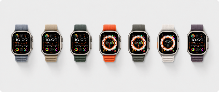 Apple Watch Ultra mostrado con sus correas Alpine Loop, Trail Loop y Ocean Band